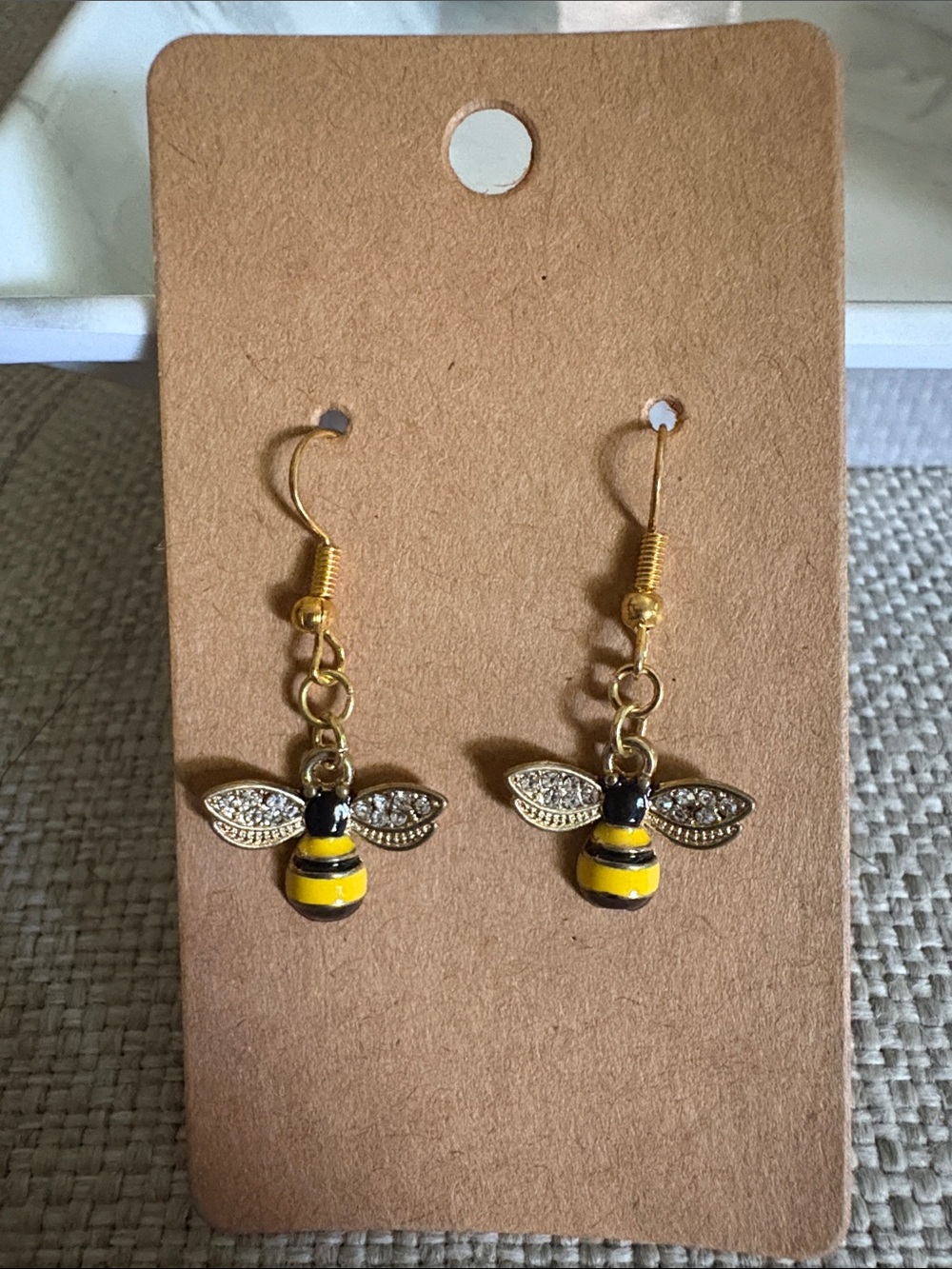 Gold Bee Drop Earrings in Yellow and Black